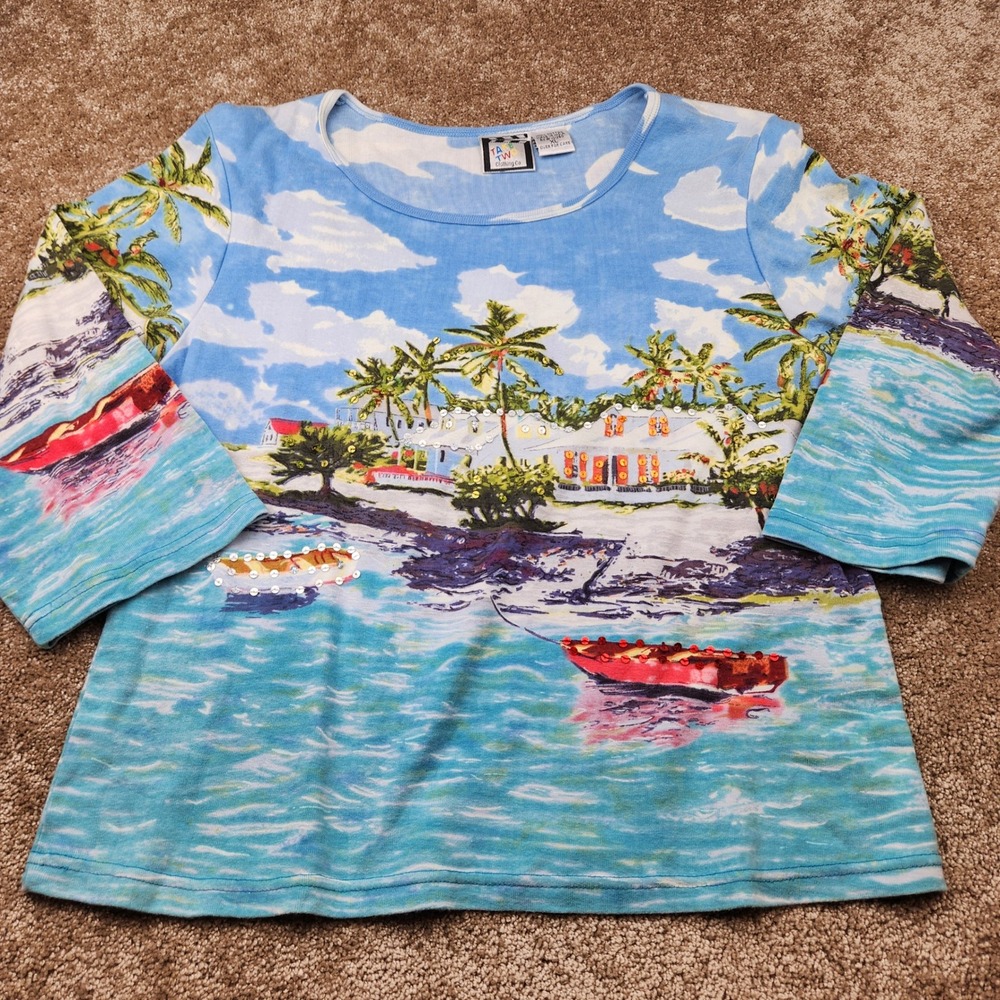 Take Two Clothing Co Womens XL Tropical Landscape Sequin 3/4 Sleeve Cotton Top